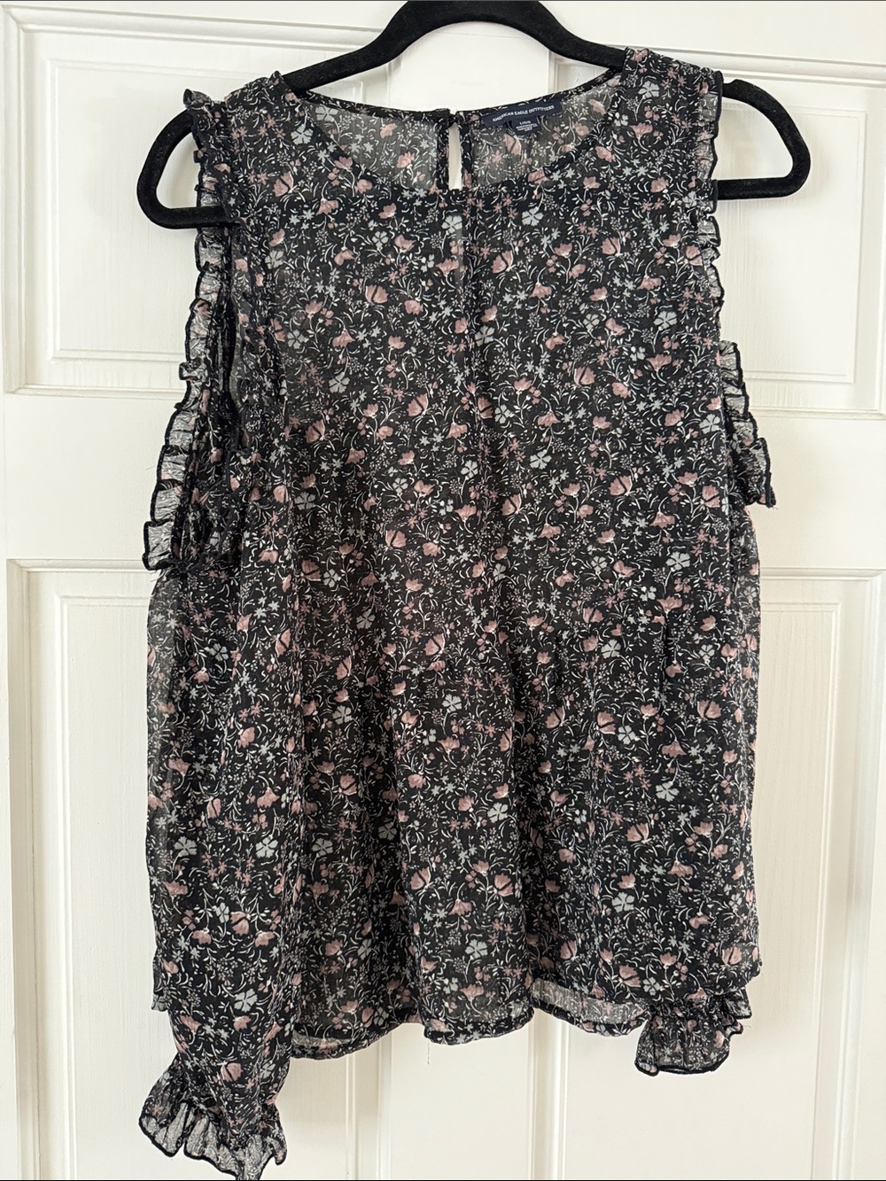 American Eagle Outfitters Black Floral Ruffle Sheer Camisole with Pink Accents